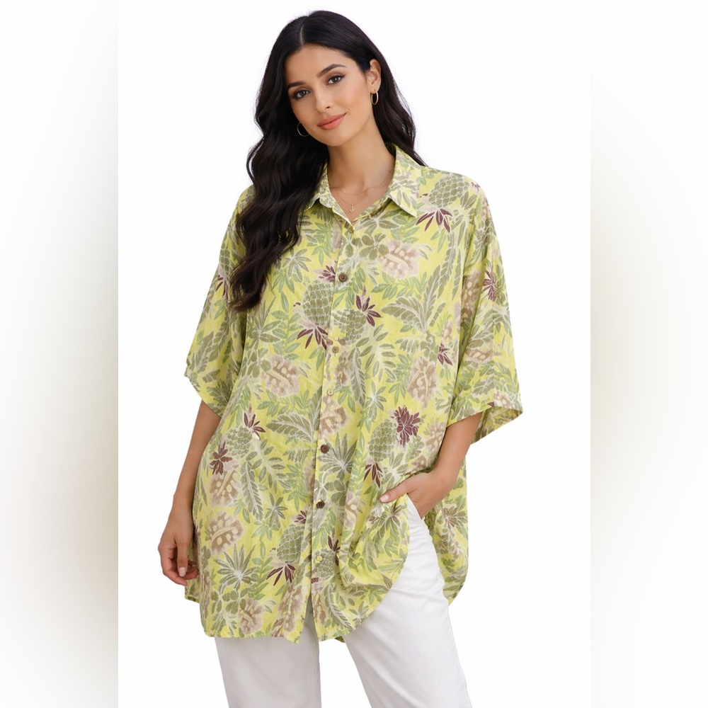 Vintage Hawaiian Shirt XL Yellow Tropical Rayon Button Up Beach Aloha Shirt